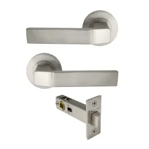 Astron Qube Lever on Round Rose, Passage Set, Brushed Nickel