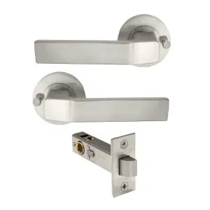 Astron Qube Lever on Round Rose, Integrated Privacy Set, Brushed Nickel