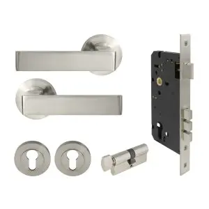 Windsor Galaxy Pegasus Entrance Set Brushed Nickel includes Levers, 1143 Euro Mortice Lock, Escutcheons and 1148 Euro Cylinder and Turn
