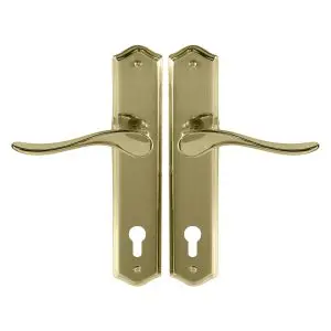 Haven Lever Handle on Long Plate Funiture Euro 85 Punched Polished Brass