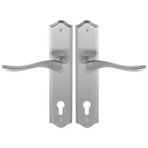 Haven Lever Handle on Long Plate Funiture Euro 85 Punched Satin Chrome